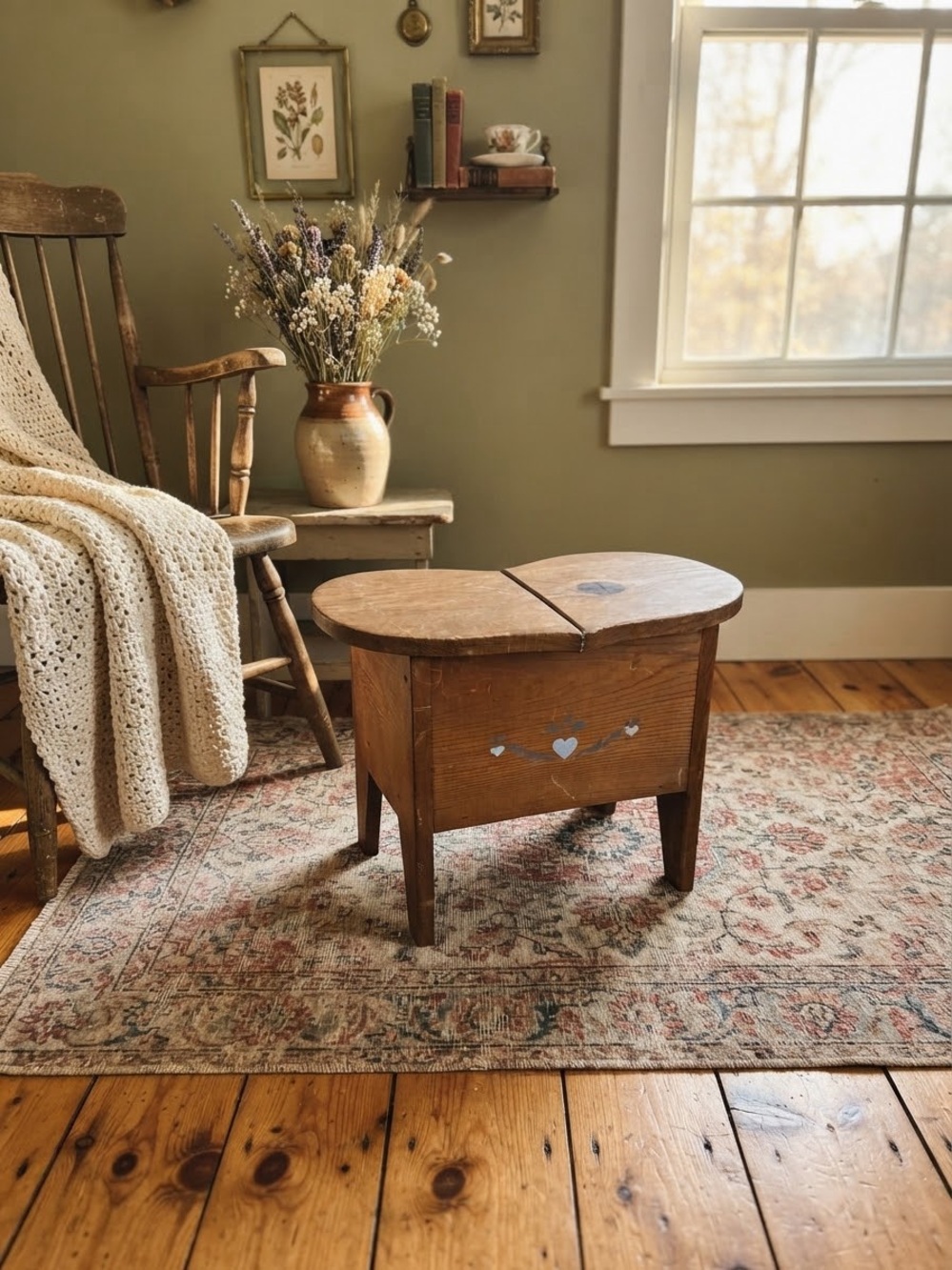 Wooden heart sewing bench